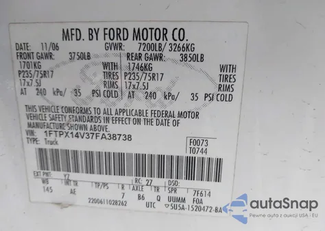 2007 Ford F-150 Fx4/Lariat/Xl/Xlt из США, поврежденный, VIN 1FTPX14V37FA38738